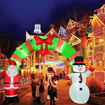 12 Ft Lighted Christmas Inflatable Archway & 10FT Christmas Inflatables Gingerbread House Archway, Blow up Christmas Inflatables Archway Outdoor Decorations with Build-in LED Lights for Garden Lawn
