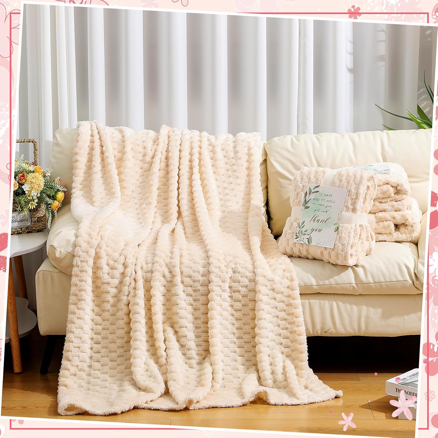 Buryeah 12 Pcs Flannel Throw Blanket Bulk with Thank You Card and Ribbon, 50 x 60 in Wedding Favors for Guests Bulk Velvet Sleepover Throw Blanket, Outdoor Wedding Ideas, Donation Homeless (Ivory)