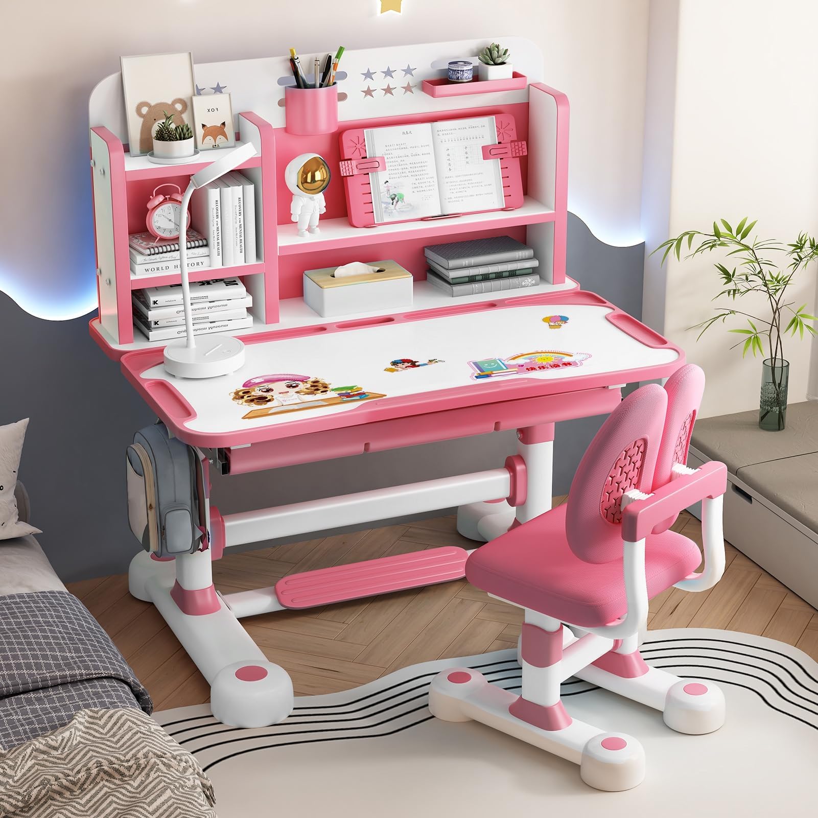 Altsuceser Ensemble de chaises de bureau pour enfants, table d'étude réglable en hauteur avec correcteur d'assise, chaise de bureau ergonomique avec support pour livre, pédale, cloison (rose, bleu) P