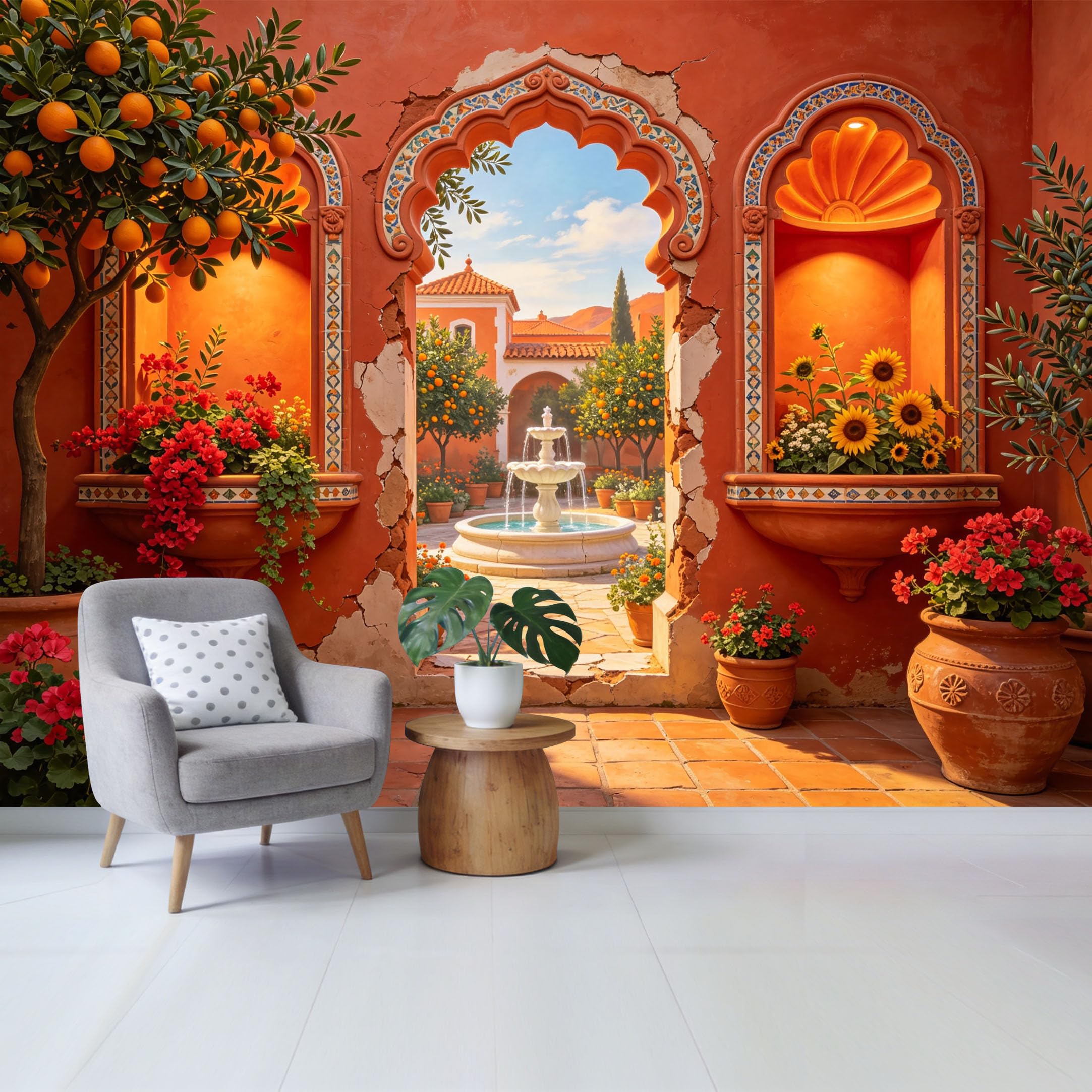 Removable Self Adhesive Fabric Mural， Mediterranean Orange Tree Courtyard Custom Size Wall Covering， UV Protected Waterproof Washable Wall Decor for Living Room Bedroom Bathroom