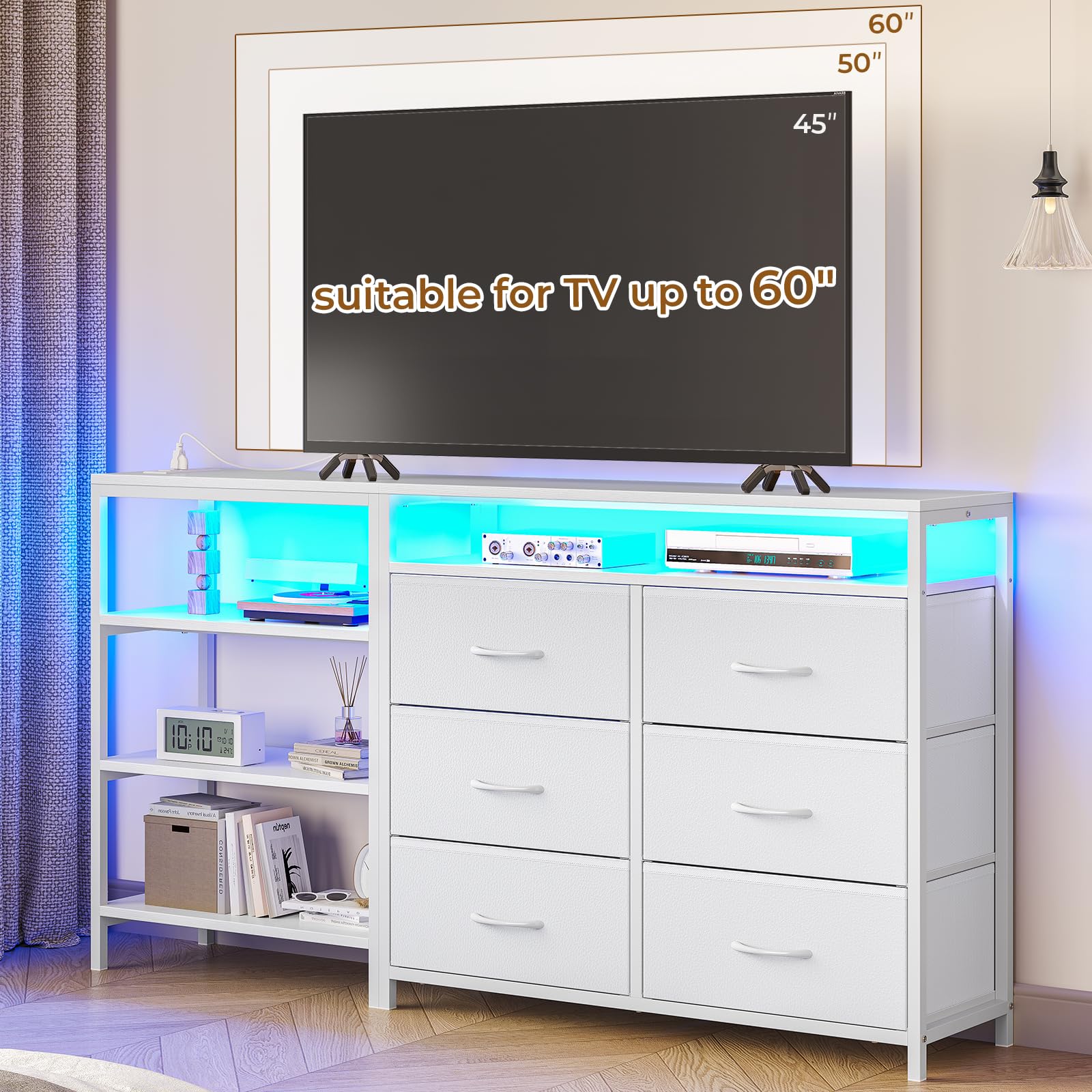 BTHFST TV Stand for Bedroom with Power Outlets and LED Lights, TV Stand Dresser for 60 Inch TV, Changable L Shape TV Stand Dresser, TV Console with Open Shelf, 53.5 Inches Wide White Dresser, PU