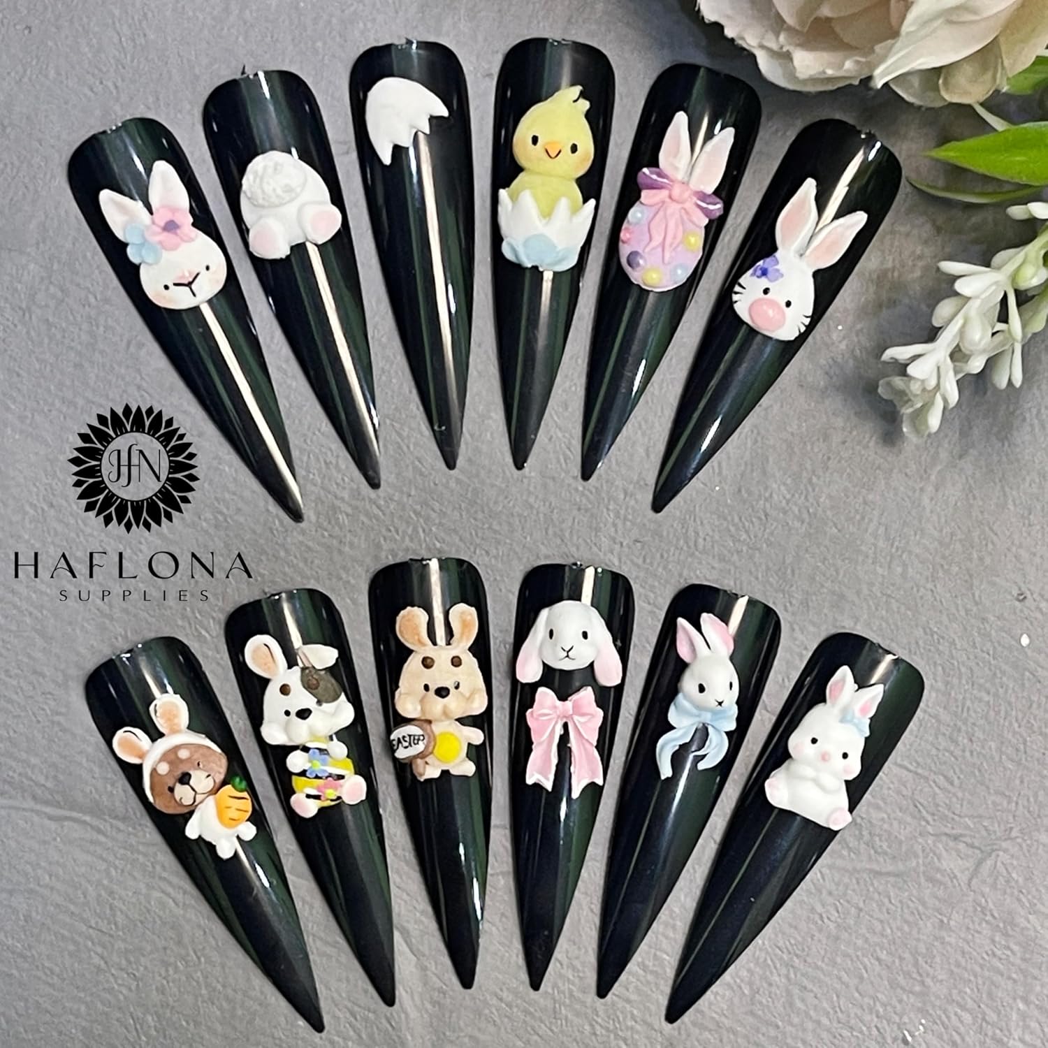 3D Acrylic Easter Character : RABIT, Chicken, Bear Nail Art Charms Handmade by Acrylic Powder - 24pcs Flowers Nail Rhinestones Kit 3D Nails Design Acrylic Nail Art for Women (Easter Nails)
