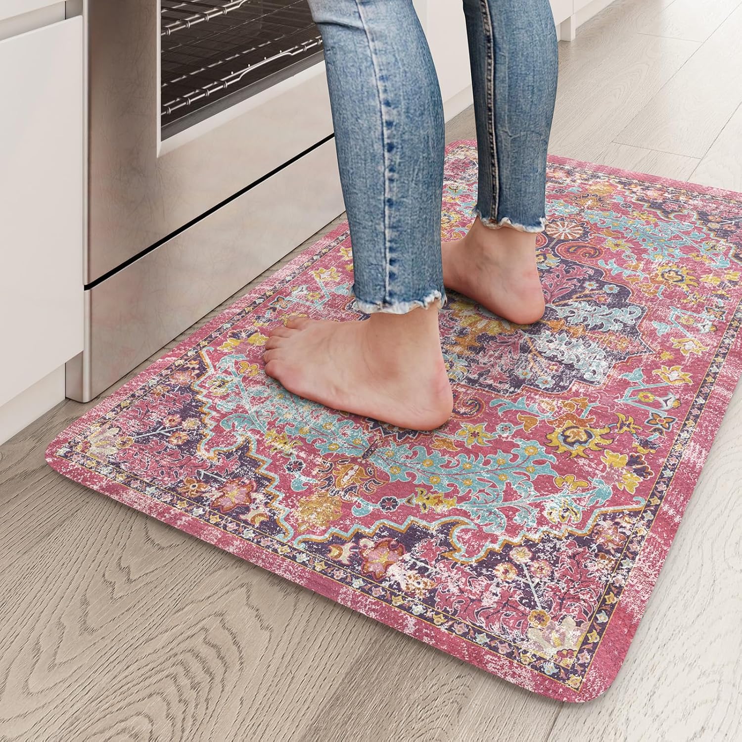 KIMODE Anti Fatigue Kitchen Mats, Boho Distressed Kitchen Floor Mats 17.3″x29″, Non Slip Waterproof Kitchen Rugs, Padded Comfort Standing Mats for Laundry, Office, Sink, Desk Fuchsia/Multi KIMODE Anti Fatigue Kitchen Mats, Boho Distressed Kitchen Floor Mats 17.3″x29″, Non Slip Waterproof Kitchen Rugs, Padded Comfort Standing Mats for Laundry, Office, Sink, Desk Fuchsia/Multi