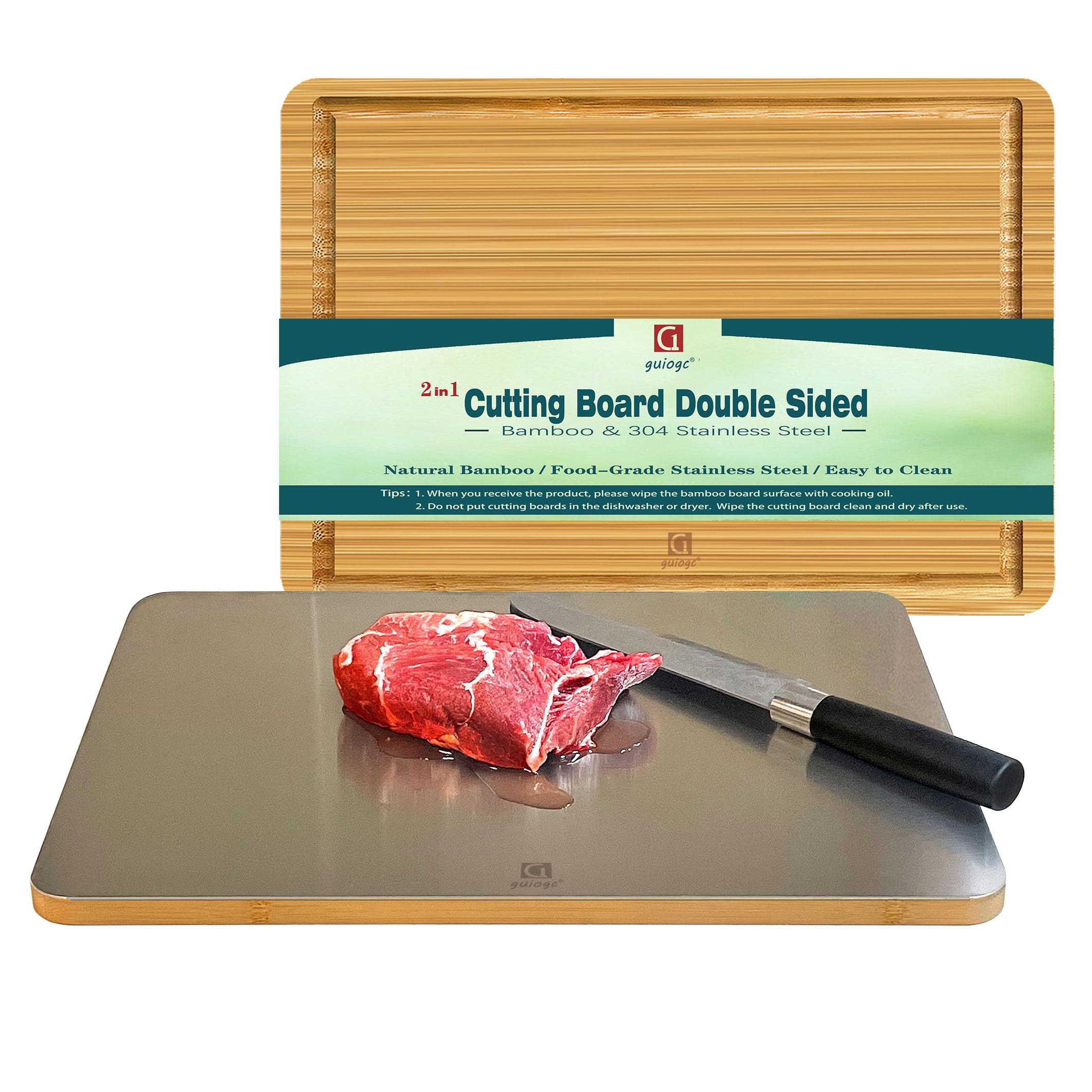 Stainless Steel Cutting Board for Kitchen, Cutting Board Double Sided, Natural Bamboo and 304 Stainless Steel (Size 15.5”×11”)