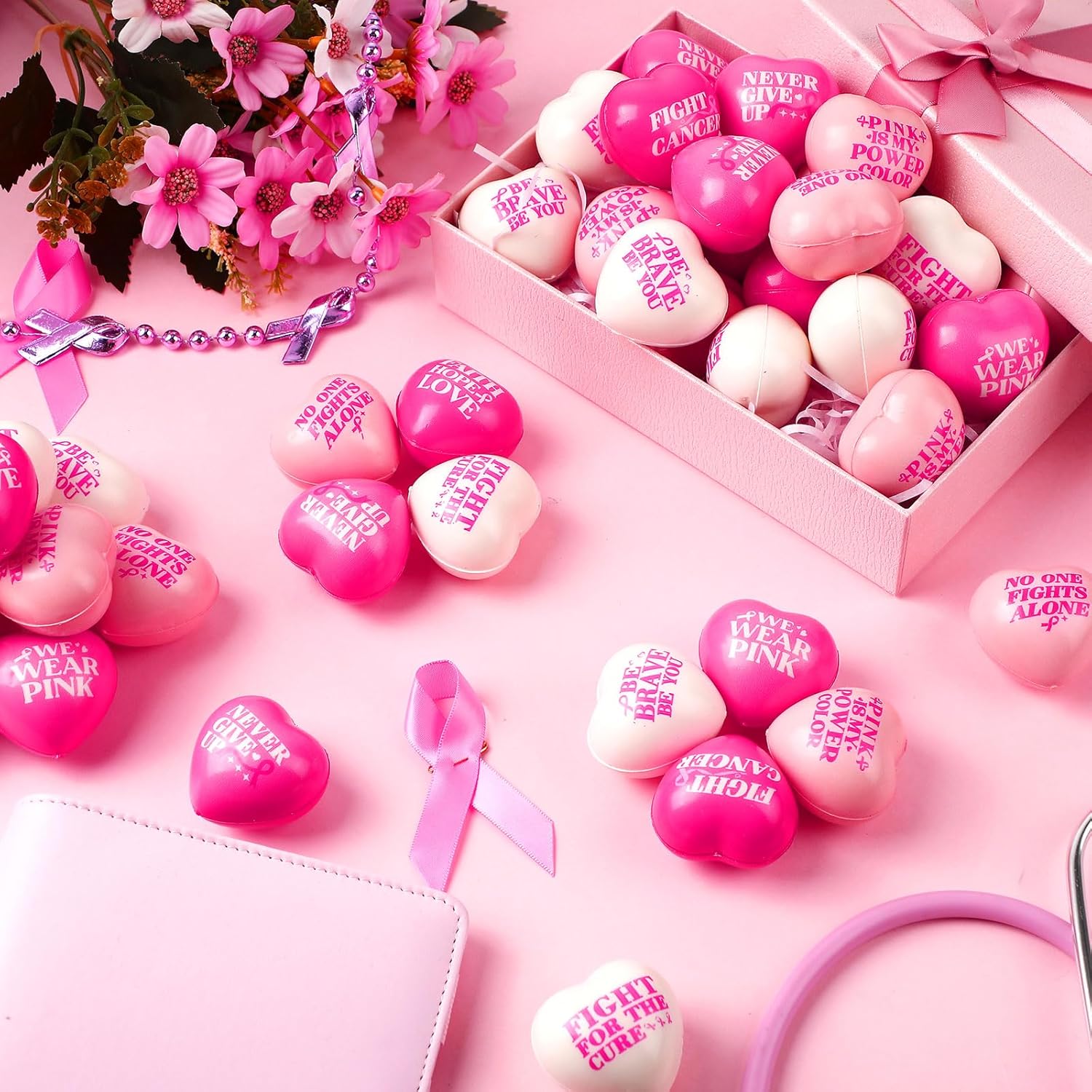 108 Pcs Breast Cancer Awareness Stress Balls Bulk Pink Ribbon Heart Stress Balls Motivational Relief Gifts for Breast Cancer Awareness Decoration Party Supplies(Motivational Words)