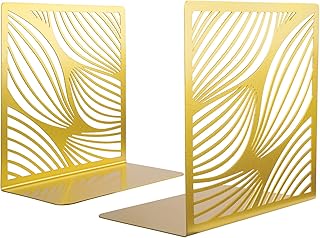 NiHome Bookends Decorative Book Ends Metal Gold Bookends for Shelves, Book Ends to Hold Books Heavy Duty, Bookshelf Decor for Home Office Library Geometric Decor