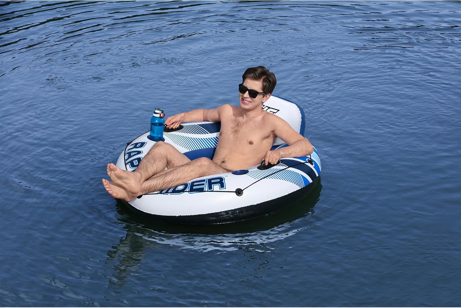 Bestway 43116E Hydro Force Rapid Rider Inflatable River Lake Pool Inner Tube Float with Built in Backrest and Wrap Around Grab Rope, Blue and White