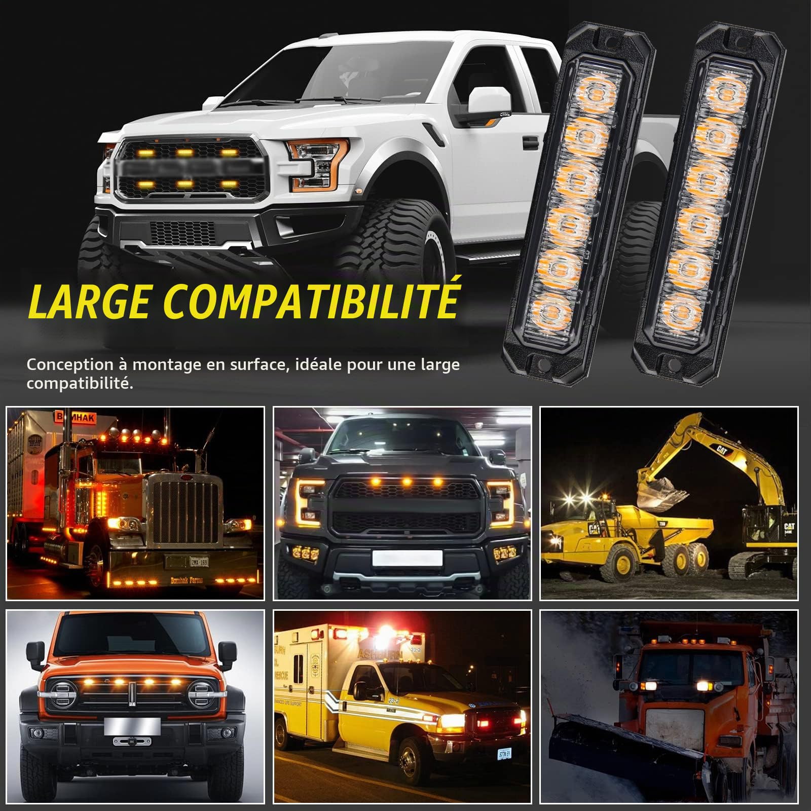 210 degrés Led stroboscopes ambre, Mode 17-clignotant 6-LED 6W Mini feu de repère latéral, Surface Mount calandre feux d’avertissement pour camions voiture véhicules tête danger d’urgence, 4PC Pack