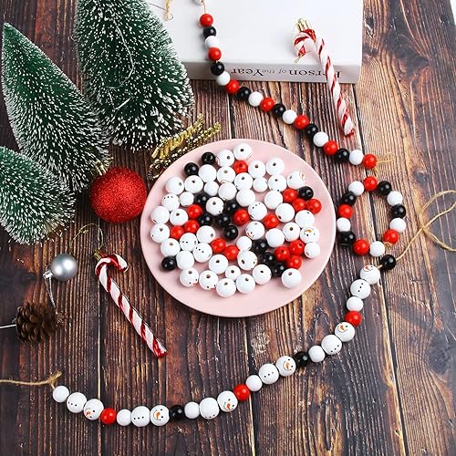Miniatura 4 de FOIMAS 150 cuentas de madera de muñeco de nieve de Navidad, cuentas sueltas de madera de muñeco de nieve de invierno, con cuerda de yute de 65 pies