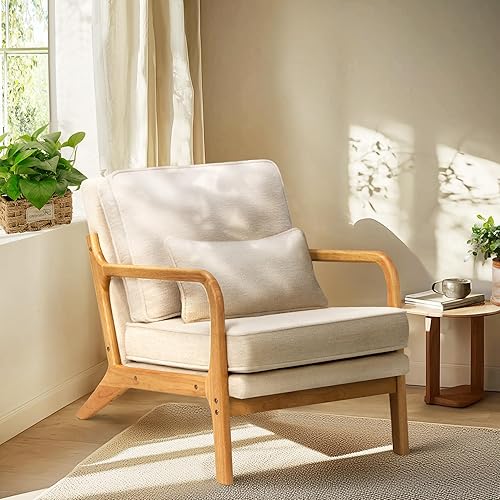 COLAMY Silla decorativa moderna con marco de madera maciza, sillón de lectura de mediados de siglo, almohada lumbar y cojín suave, silla relajante