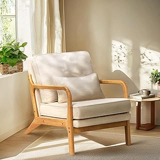 COLAMY Modern Accent Chair with with Solid Wood Frame, Mid Century Reading Leisure Armchair Lumbar Pillow& Soft Cushion, Relaxing Chair for Living Room,Bedroom,Waiting Room（Beige）