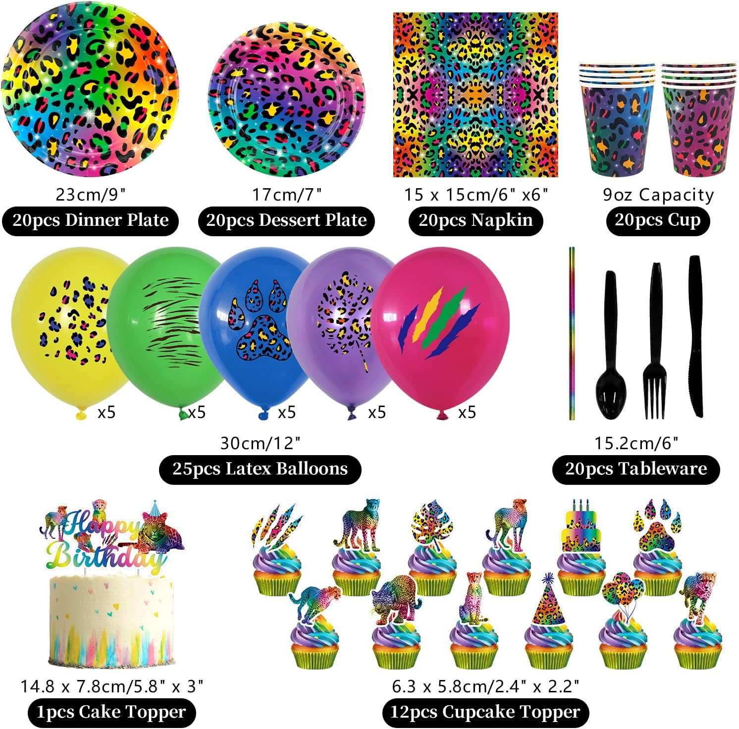 Rainbow Cheetah Birthday Decorations, Rainbow Leopard Party Decoration, Plates Cups Napkins Tablecloth Happy Birthday Backdrop Balloon Cake Toppers for Kids Baby Shower Picnics Supplies, Serves 20