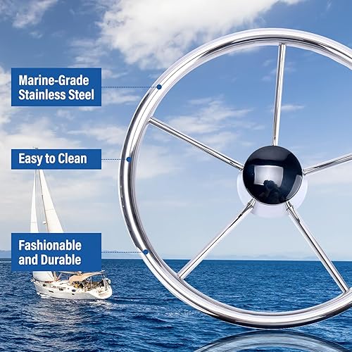 Miniatura 6 de Amarine-made13-12 pulgadas 5 radios estilo destructor acero inoxidable volante de barco