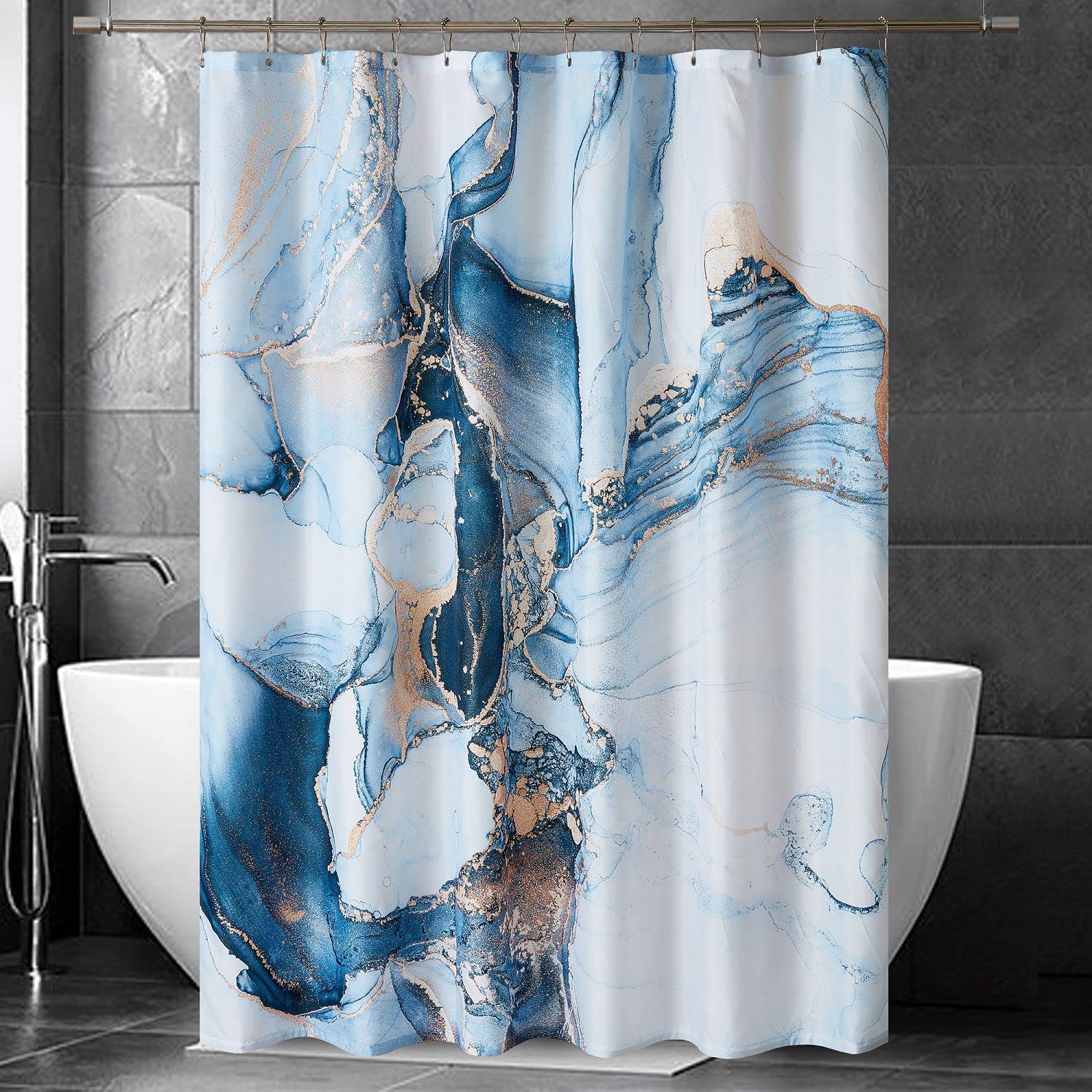 YOSTEVBlue Gold Marble Shower Curtain Set, Abstract Granite Pattern Shower Curtains for Bathroom Décor, Luxury Modern Waterproof Bath Accessories with 12 Metal Hooks, 72x72