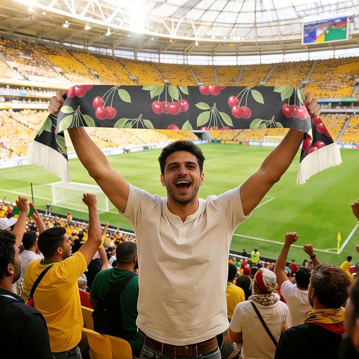 CHIFIGNO Red Cherries Green Leaves Black Sports Fan Scarf Towel, Soft Absorbent Quick Dry Polyester Cheering Scarf for Soccer Fans