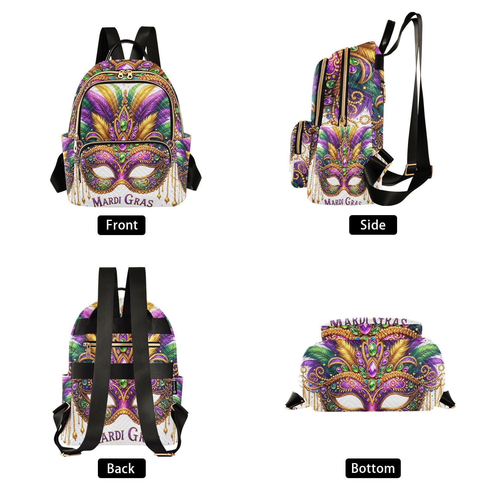 ODAWA Beautiful Mardi Gras Mask Quilted Backpack Cute Mini Backpack for Women Travel Purse with Luggage Strap