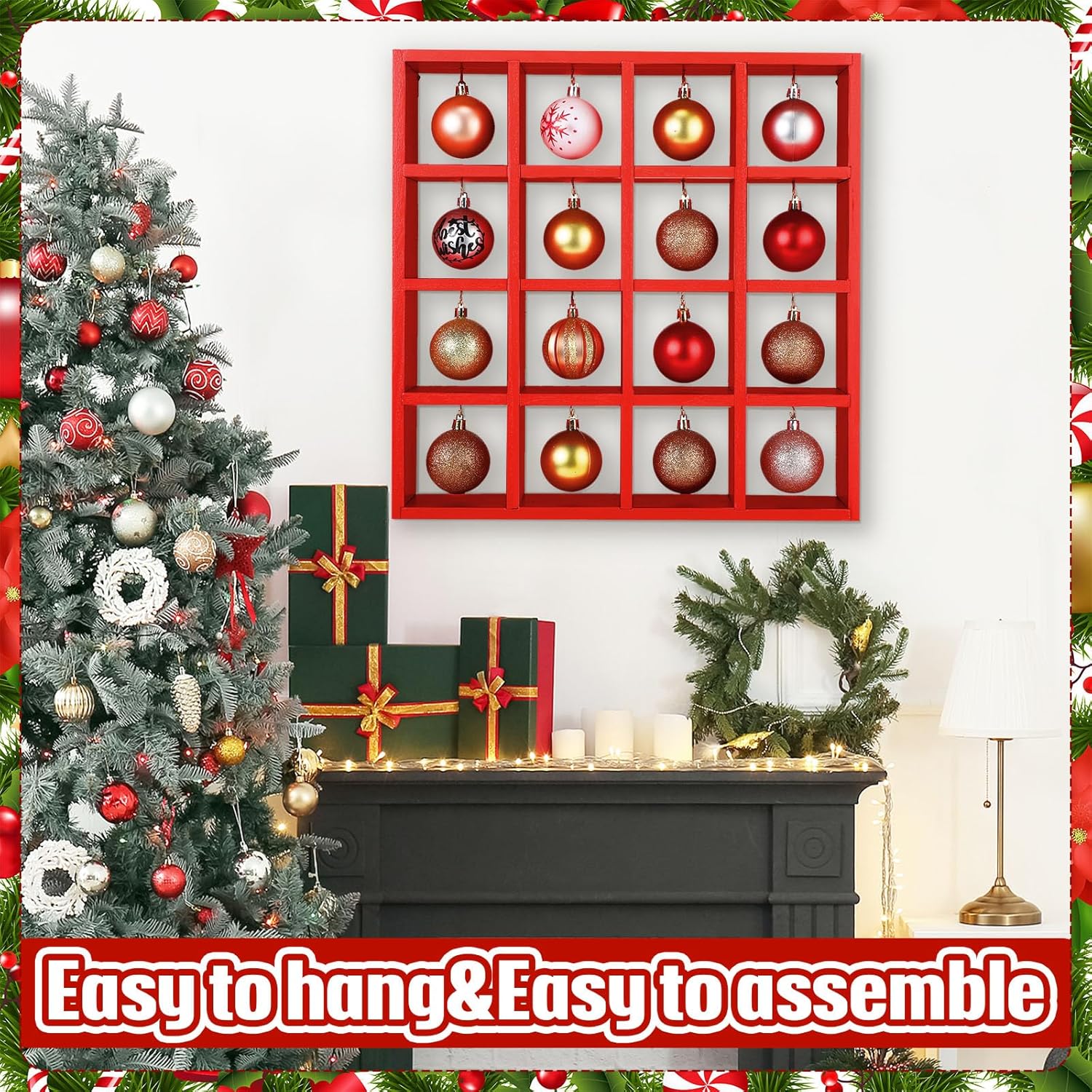 Cinnvoice Christmas Holiday Ornament Displays Rack Wooden Hanging Stand Holder Hanger for Christmas Ball Display Shelf Cabinet for Craft DIY Wall Decorations Gift(Red,16 Compartment)