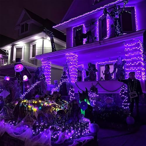 Miniatura 4 de YEGUO Luces moradas de Halloween, 200 luces LED para exteriores, impermeables, luces de Halloween para interiores, 8 modos de 66 pies, cable verde,