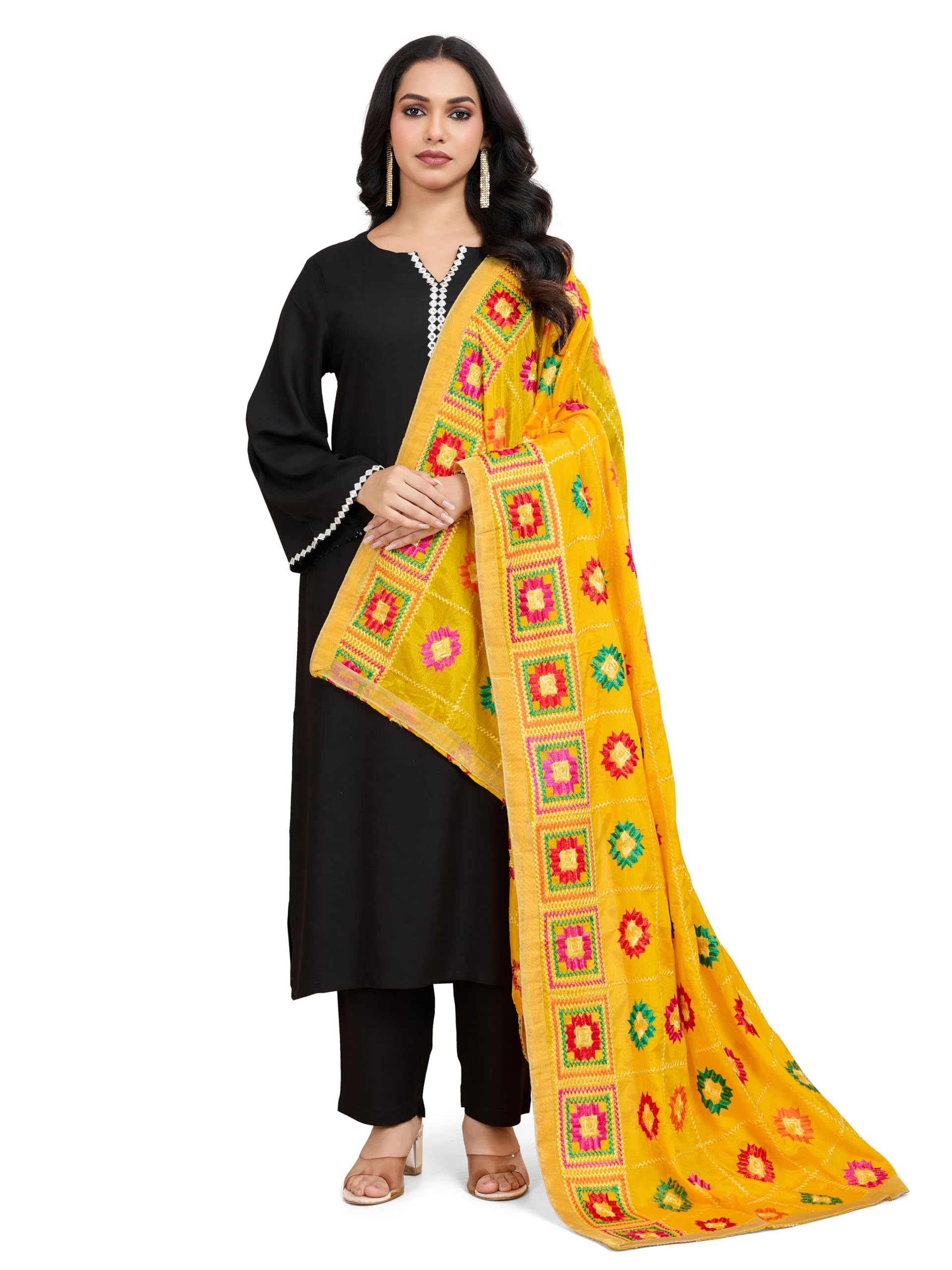 Weavers Villa Women's Chinnon Silk Aari Embroided Phulkari Dupatta, Chunni (Yellow), 2.25 Mtrs