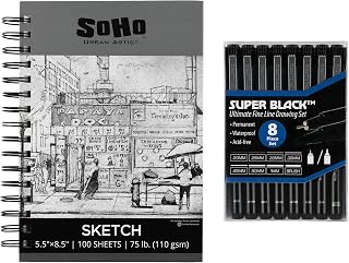 Jerry's Artarama Drawing Kit - SoHo Sketch Pad (5.5" x 8.5"), 8 Fineliner Art Pens, Perfect for Drawing Markers - Portable Sketching Pens Set for Artists, Students, Perfect for Field and Travel