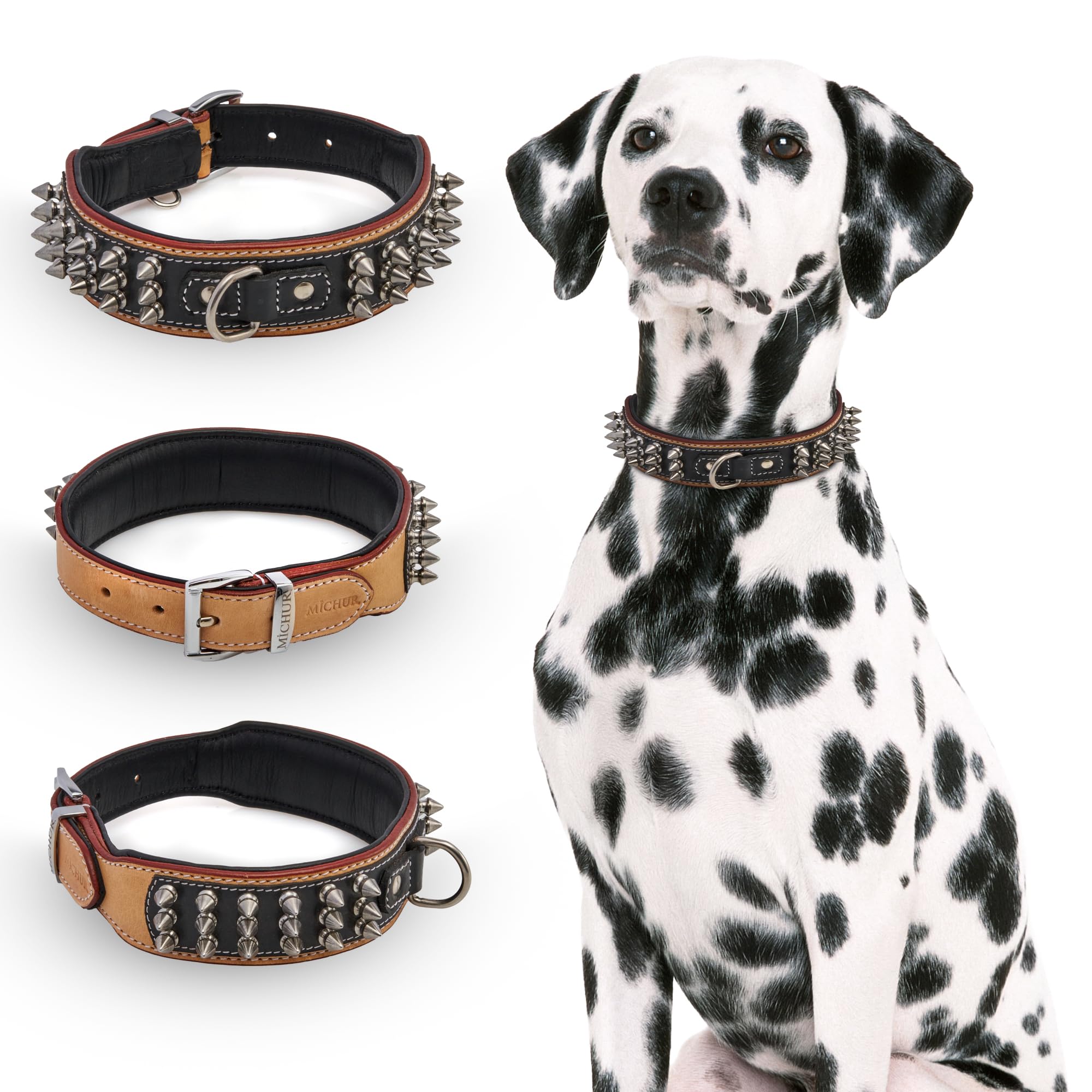 MICHUR Strike NO. 1 Hundehalsband Leder, Beige Schwarz, Breit, Nieten | Lederhalsband Hund, schwarz beige, Leder Hundehalsband, mit Nieten, Halsband breit, verschiedene Größen