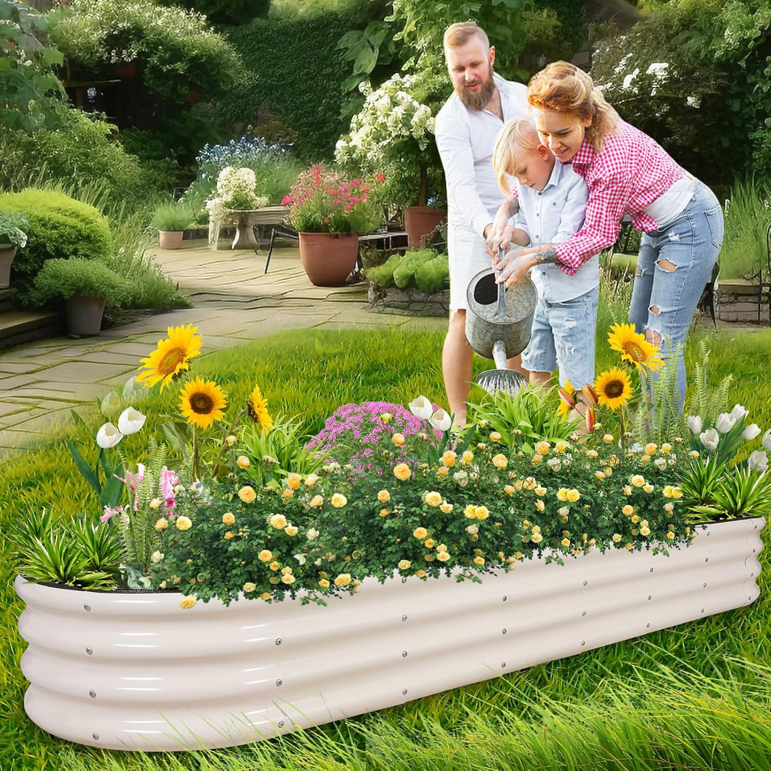 1MORE Galvanized Raised Garden Bed- Planter Garden Boxes Outdoor, Raised Beds for Gardening,Metal Garden Bed Kit for Vegetables Flower, Planter Raised Beds.8x2x1ft White-2pcs White 8×2×1ft?2pcs?