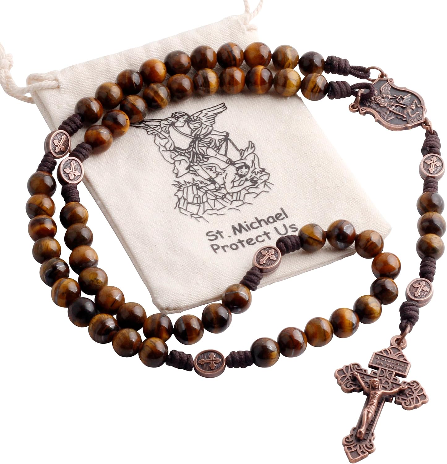 HanlinCC 10mm Natural Stone Beads Handmade Saint Michael Paracord Rosary Necklace with Religious Pouch - Image 2