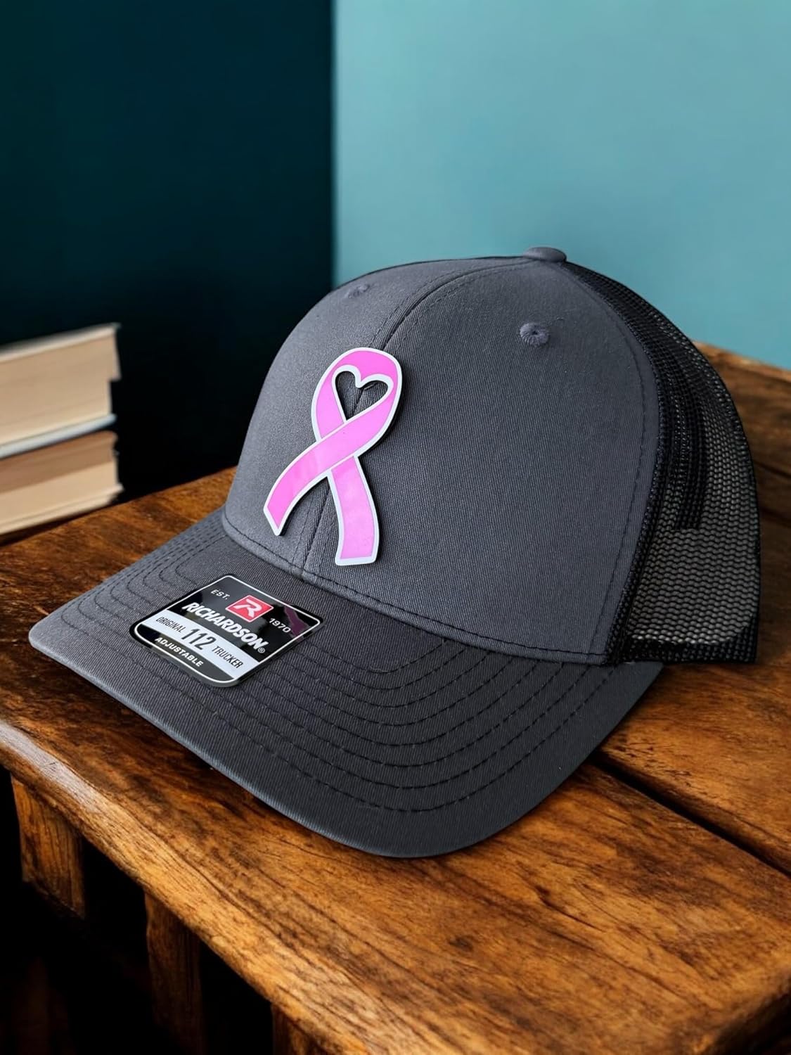 BUBBLEHEAD INK Handmade Personalized Breast Cancer Awareness Accessories, Custom Pink Ribbon Trucker Hat, Adjustable Snapback Cap for Men and Women (Front and Center Patch, Charcoal/Black 112)