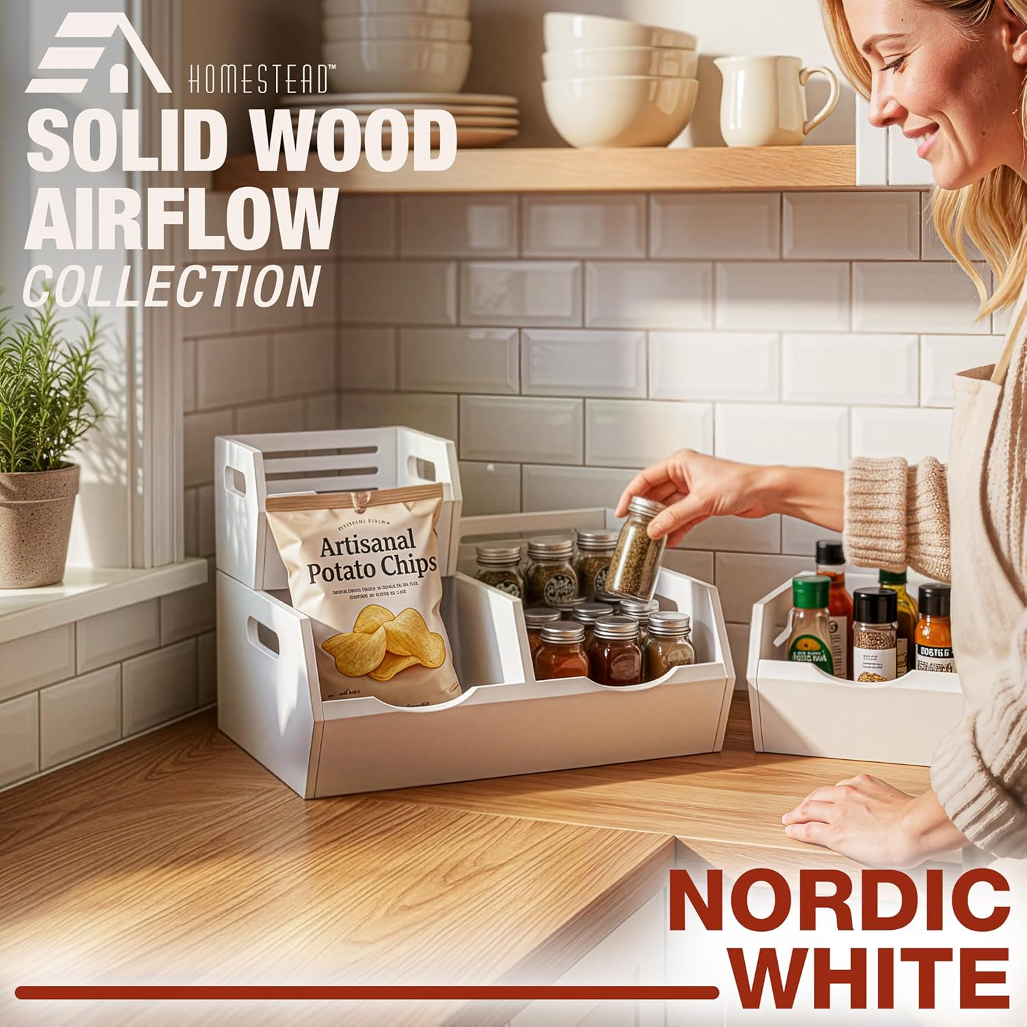 HOMESTEAD Stackable Solid Wood Storage Bins for Kitchen Pantry & Countertop, Ventilated Potato and Onion Basket Organizer with Handles, Wooden Produce Storage Containers, 3-Pack, White