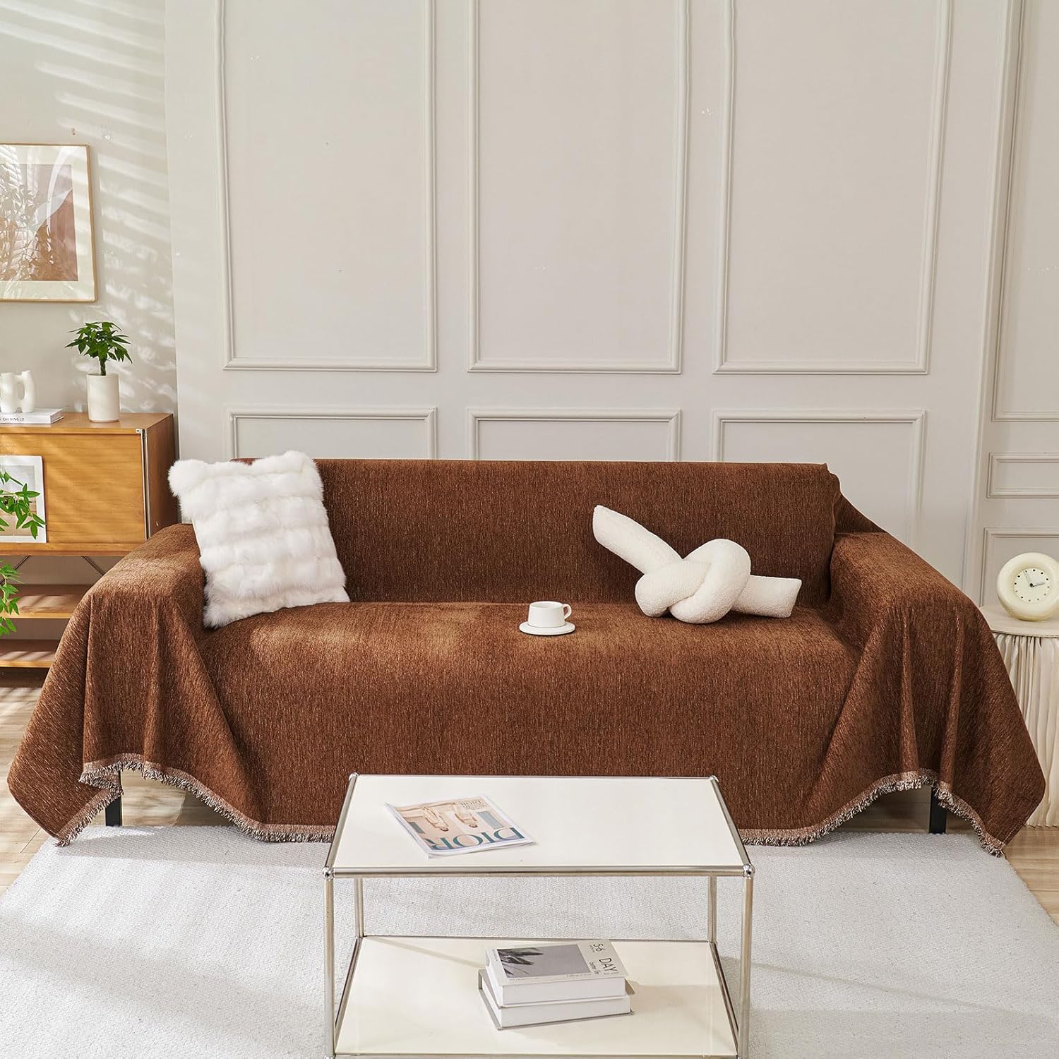 VClife Chenille Sofa Cover Washable Minimalism Style Couch Cover for 3 Cushion Couch Sofa, Timeless Classic Brown Sofa Slipcover for Living Room Bedroom Solid Patterned Couch Protector