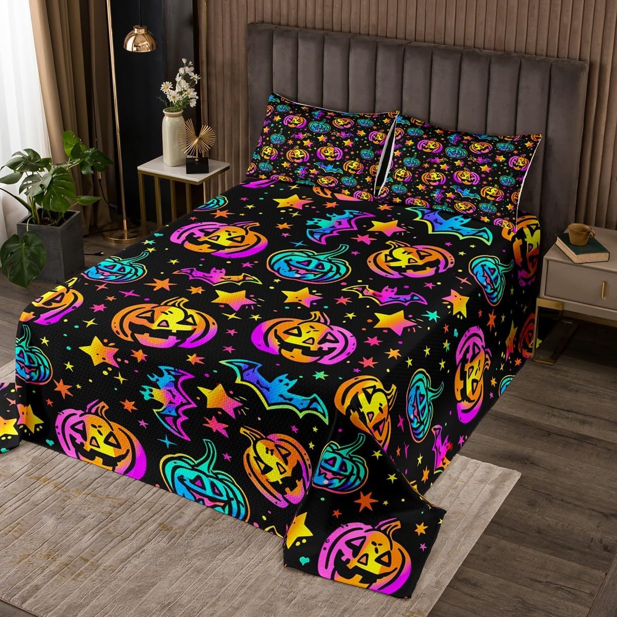 Erosebridal Gothic Coverlet Set Queen Size Moth Bedspread Boho Mushroom Moon Bohemian Halloween Quilted Coverlet Black Yellow Adults Kids Soft Luxury Quilted