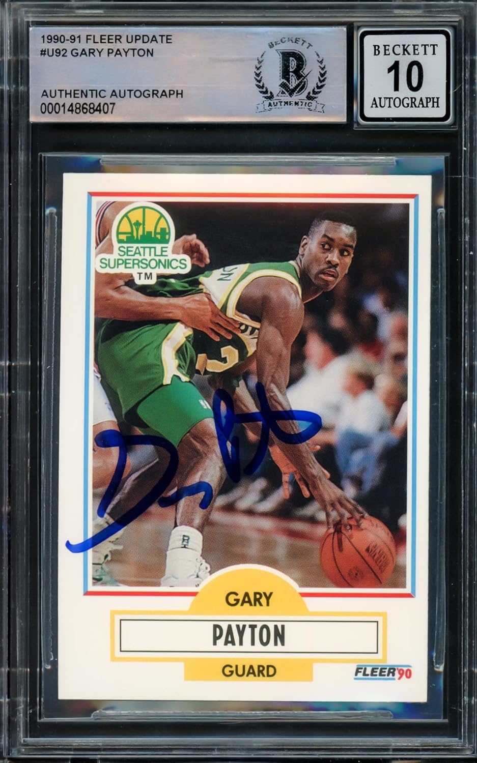 Gary Payton Autographed 1990-91 Fleer Update Rookie Basketball Card #U-92 Seattle S.o.n.i.c.s Auto 10 (Off-Center) Beckett BAS Stock #210481