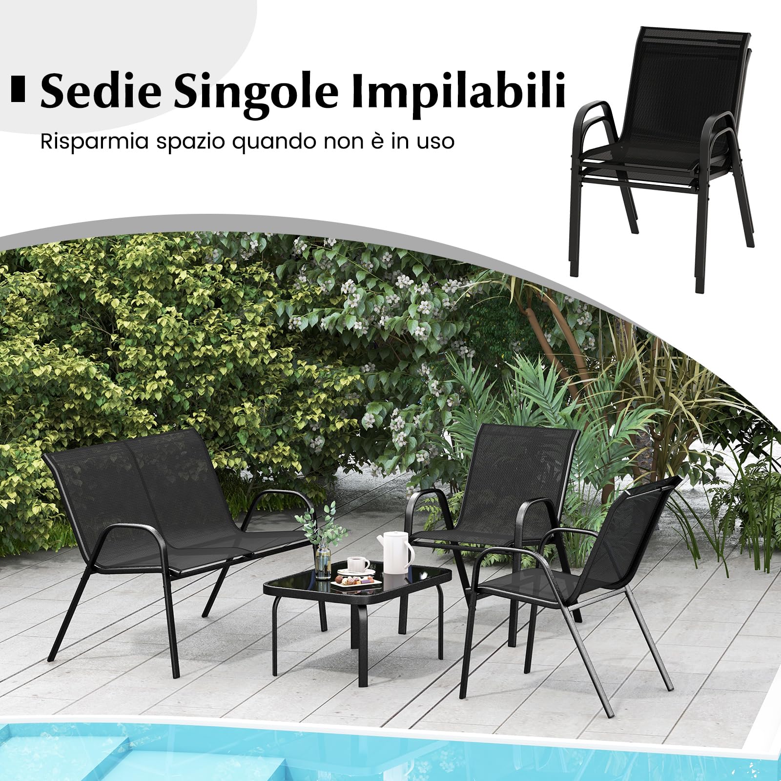 COSTWAY Set Tavolo e Poltrona da Giardino, Set di Mobili 4 Pezzi per Esterno, con Tavolino in Vetro Temperato, Panca e 2 Poltrone, per Giardino Balcone Piscina (Nero)