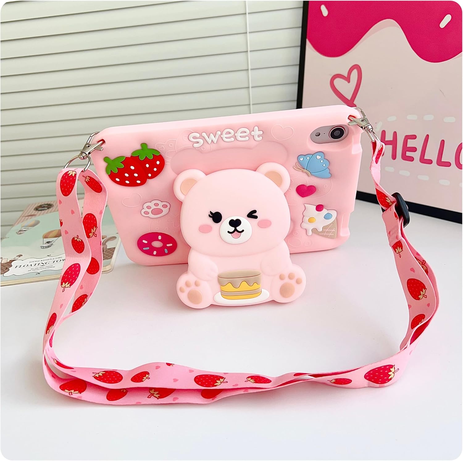for iPad mini 6/7 Case for Girls- 8.3 inch iPad mini 7th Generation A17 pro Soft Silicone Cover with Pencil Holder,Shoulder Strap & Stand for School,Cute Bear Strawberry Gift for Teen Kids