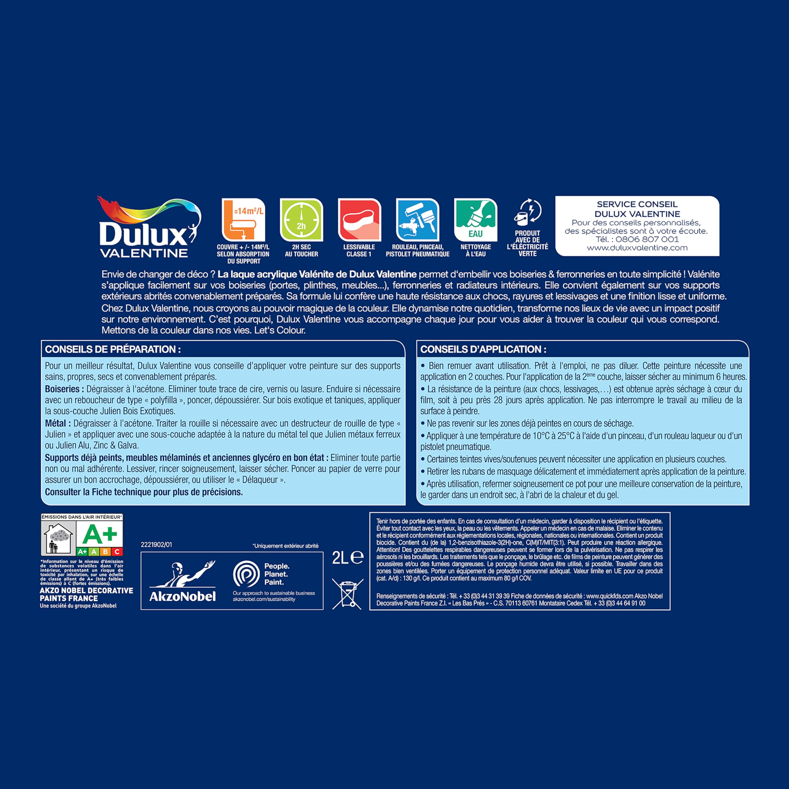 Dulux Valentine Peinture Laque Valénite Intérieur et Extérieur Multi-supports - Finition parfaite et lisse, Formule Haute Résistance - Brillant Blanc 2 L