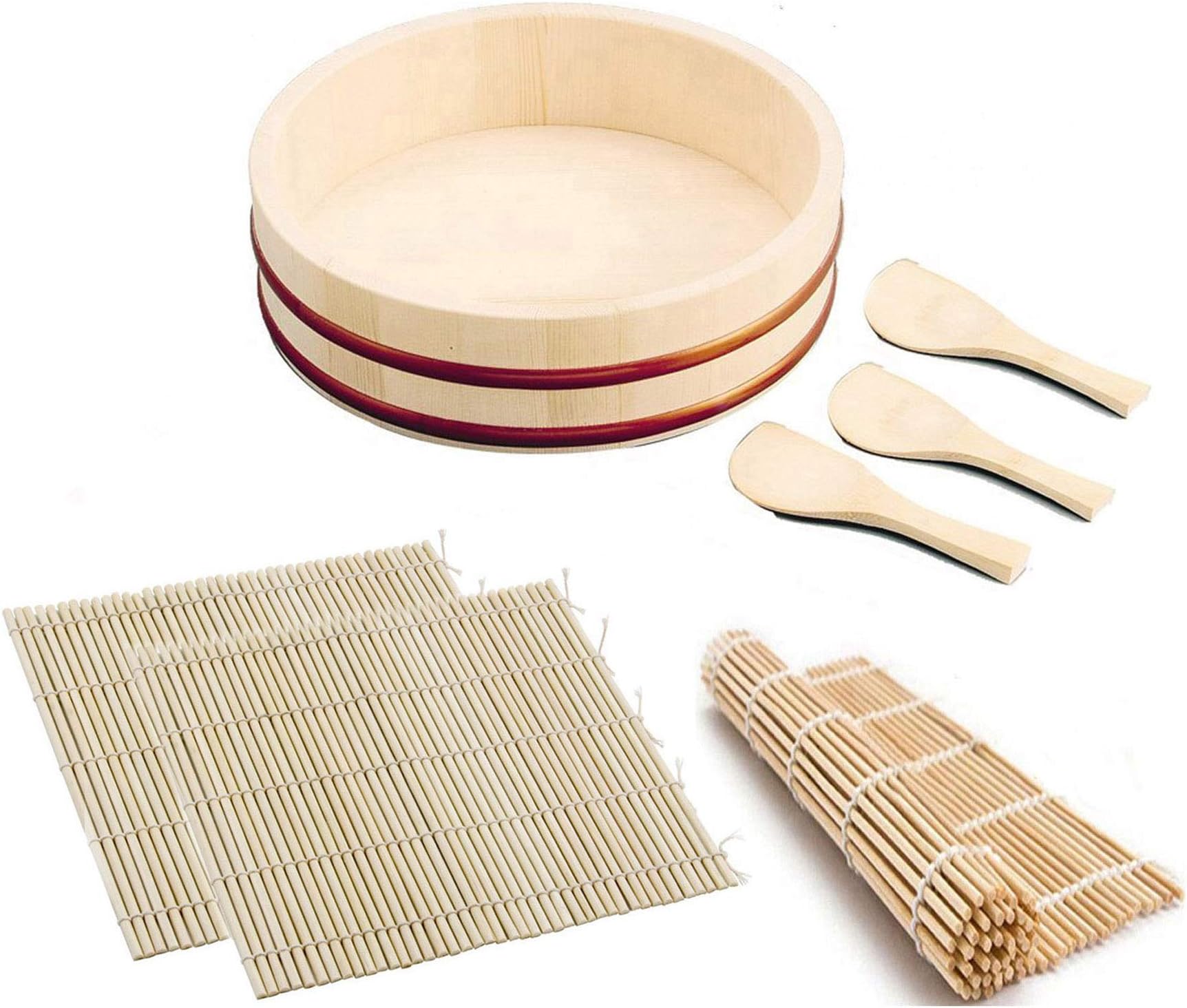 JapanBargain, Sushi Making Kit with Wooden Hangiri Rice Mixing Tub 10", 3 Bamboo Sushi Rolling Mats 9.5", and 3 Rice Paddles, Traditional Japanese Sushi Set for 3–4 People
