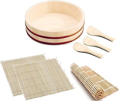 JapanBargain, Sushi Making Kit with Wooden Hangiri Rice Mixing Tub 10", 3 Bamboo Sushi Rolling Mats 9.5", and 3 Rice Paddles, Traditional Japanese Sushi Set for 34 People