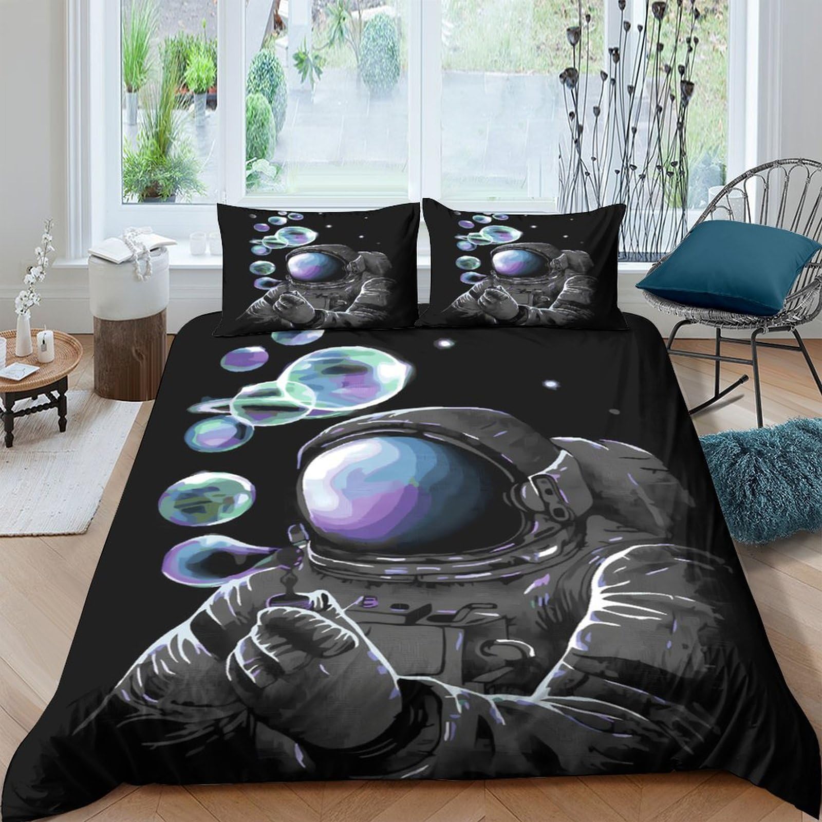GPLZQXKJNH 3D Printed Astronaut Bubble Duvet Cover Microfiber Black Bedding Set with 2 Pillowcases for Bedroom Decor Single（135x200cm）