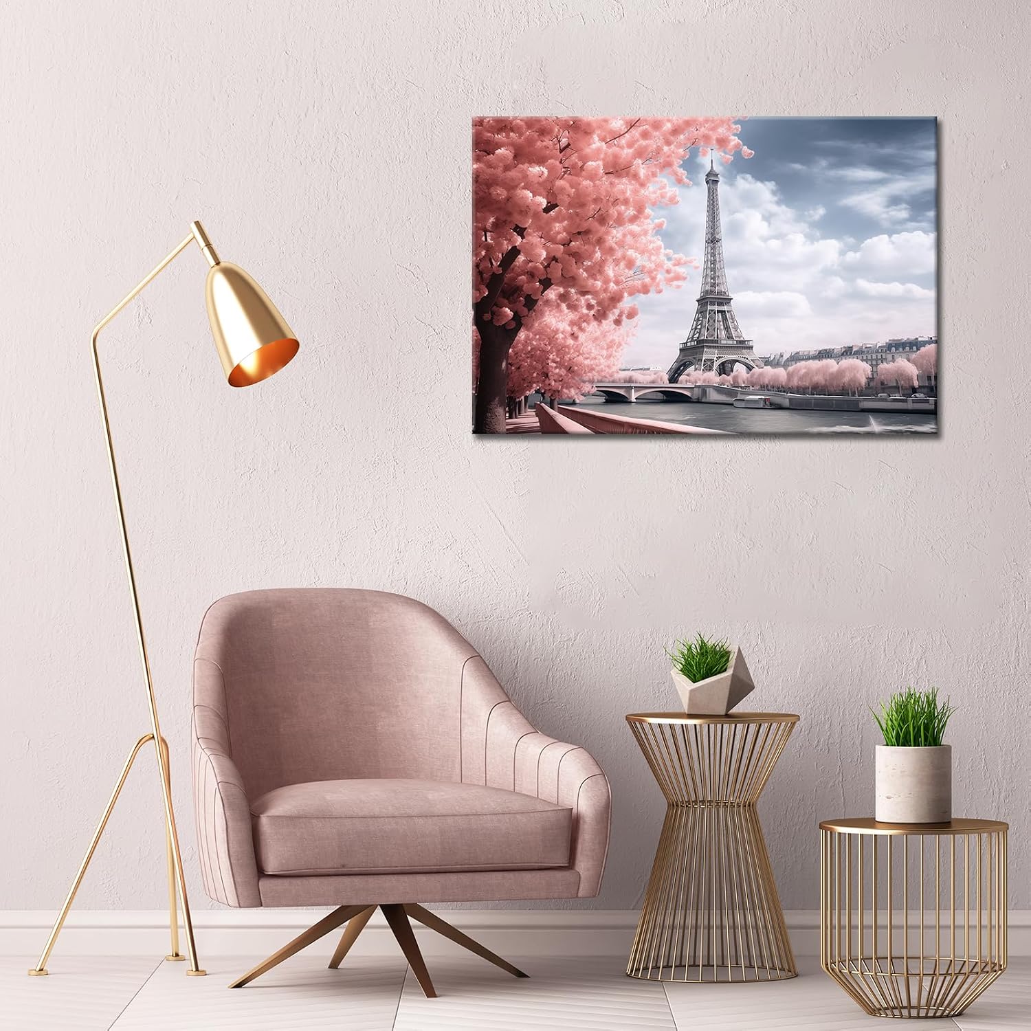 GLOKAKA Paris Eiffel Tower Wall Art - Pink Canvas Wall Art - Tree City Scenery Picture Print Artwork Landscape - Eiffel Tower Wall Decor for Girls Bedroom & Living Room