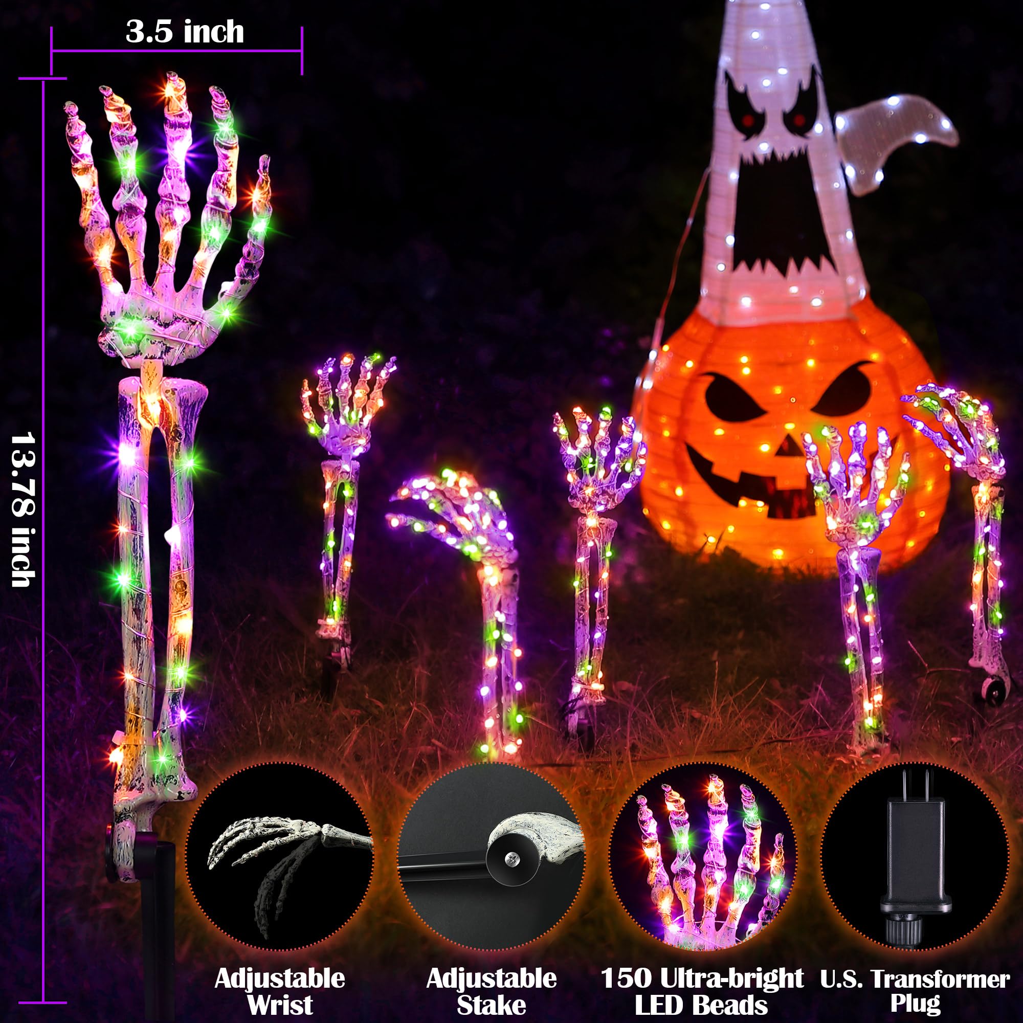 Enhon Halloween Decorations, 5 Pack Lighted Skeleton Arm Stakes with 6 Modes Music Sync Spooky Sounds, 10 ft 150 LED Waterproof Scary Halloween Party Props Outdoor Ornament (Purple, Orange, Green)