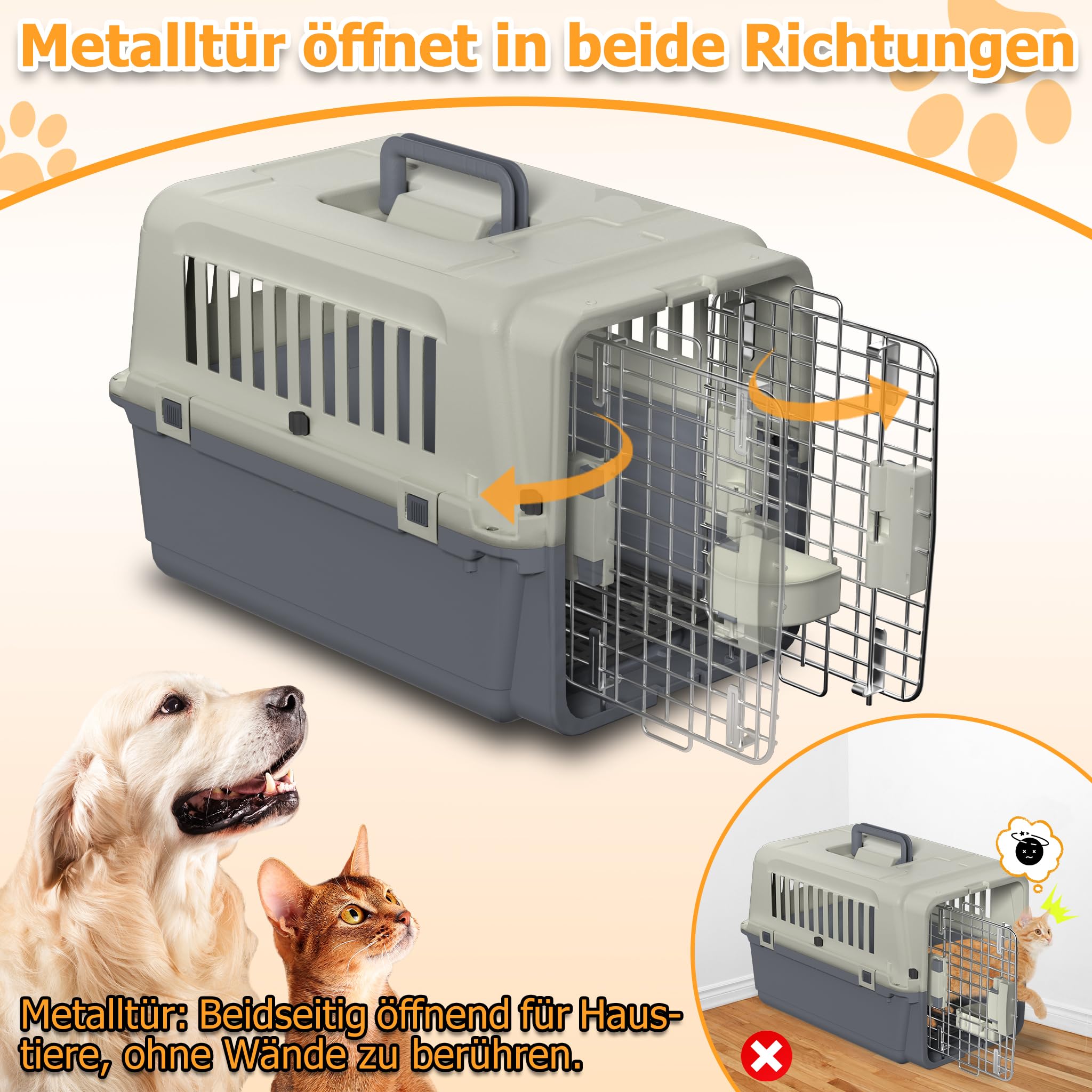 YRHome Boîte de transport pour chiens et chats - Caisse de transport pour les voyages en avion - Avec fenêtre en plastique, porte en fer, bol et plateau à couches et poignée - 60 x 40 x 40 cm - Charge
