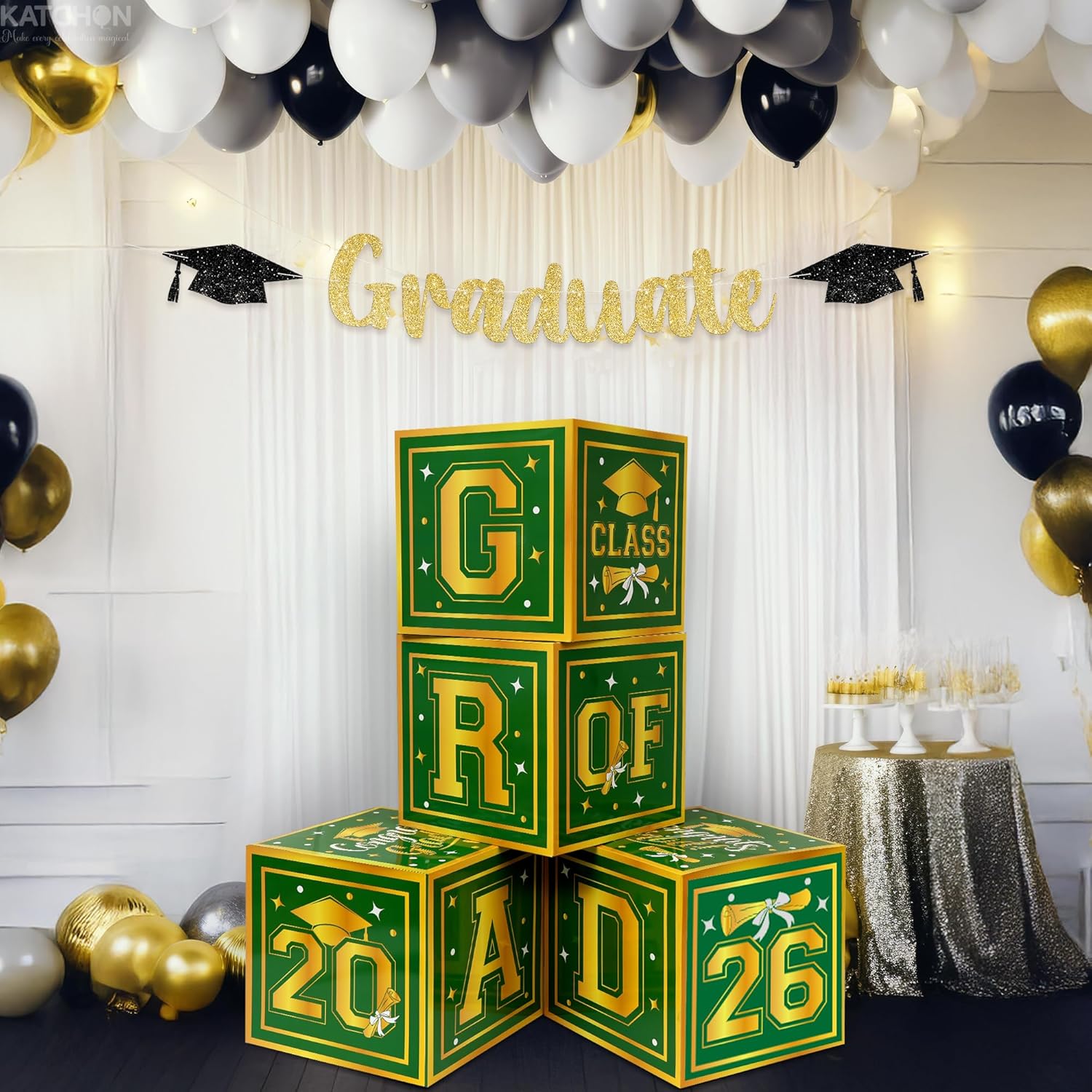KatchOn, Green and Gold Graduation Balloon Box - 4 Boxes | Green and Gold Grad Decoration Box | Graduation Party Decorations | Grad Party Decorations 2025, Graduation Decorations 2025 | Class of 2025