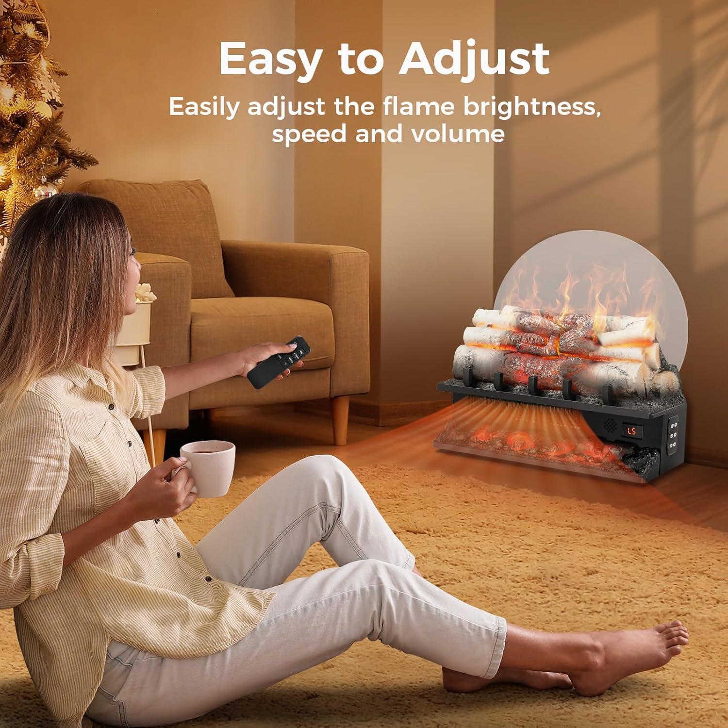 A person sitting on the floor using a remote control to operate the COWSAR Electric Fireplace Log Heater, demonstrating convenient remote control functionality.