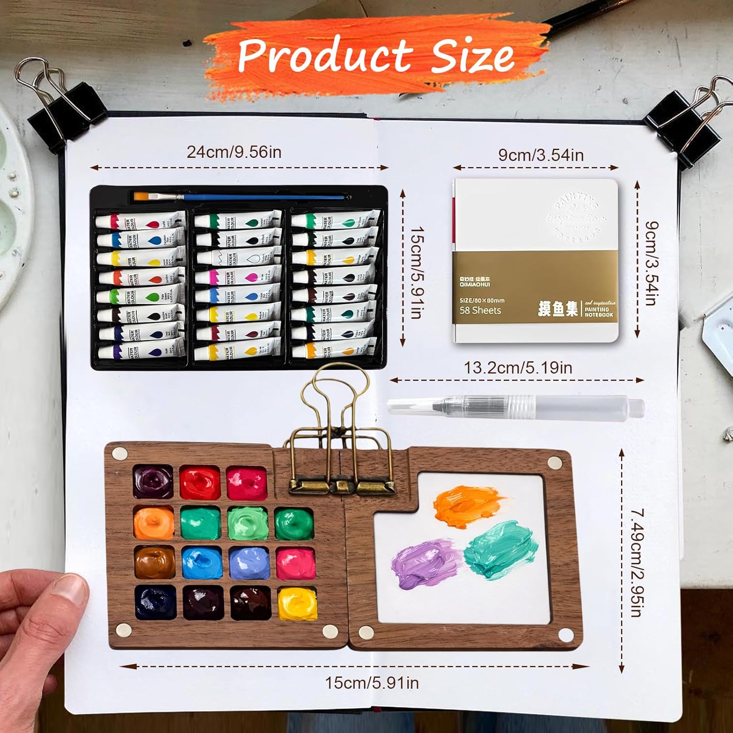 Mini Watercolor Travel Paint Set,Travel Watercolor Kit, Portable Artist Palette Sets with 24 colors, 3 Pens, Brush, Sketchbook, Binder Clips, Colours, Wooden Paint Box for Artists, Students & Beginners (24 colors) - Image 2
