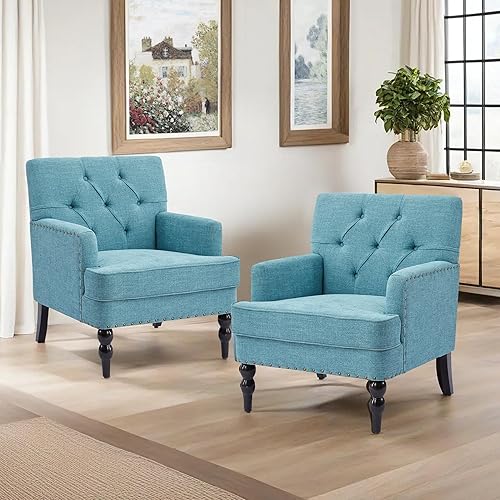 Miniatura 69 de HUIMO Silla de club copetuda, silla decorativa con almohada lumbar, sillón con botones de tela de lino, sillas tapizadas para dormitorio, sala de