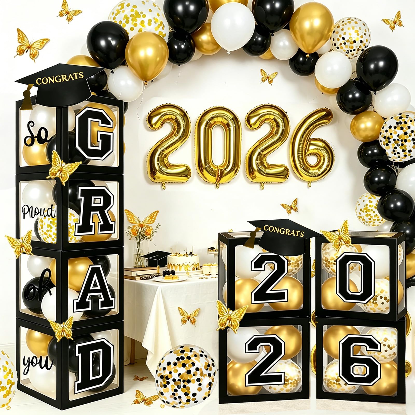 Photo 1 of 2026 Graduation Party Decorations: 4 Pcs Black Balloon Boxes with Letters 2026 GRAD So Proud of You, 80pcs Balloons, 12pcs Butterfly, "2026" Foil Balloons, Class of 2026 Party Supplies for Any Grades