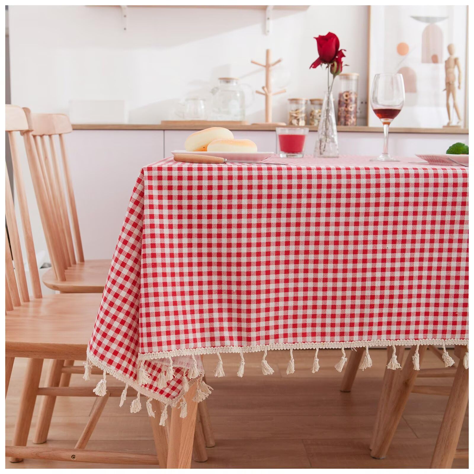Obrus w kratkę w kolorze czerwonym i białym, prostokątny, 140 x 220 cm – plamoodporny, wodoodporny, poliestrowy, piknikowy, w kratkę gingham, do użytku na zewnątrz, w gospodarstwie wiejskim