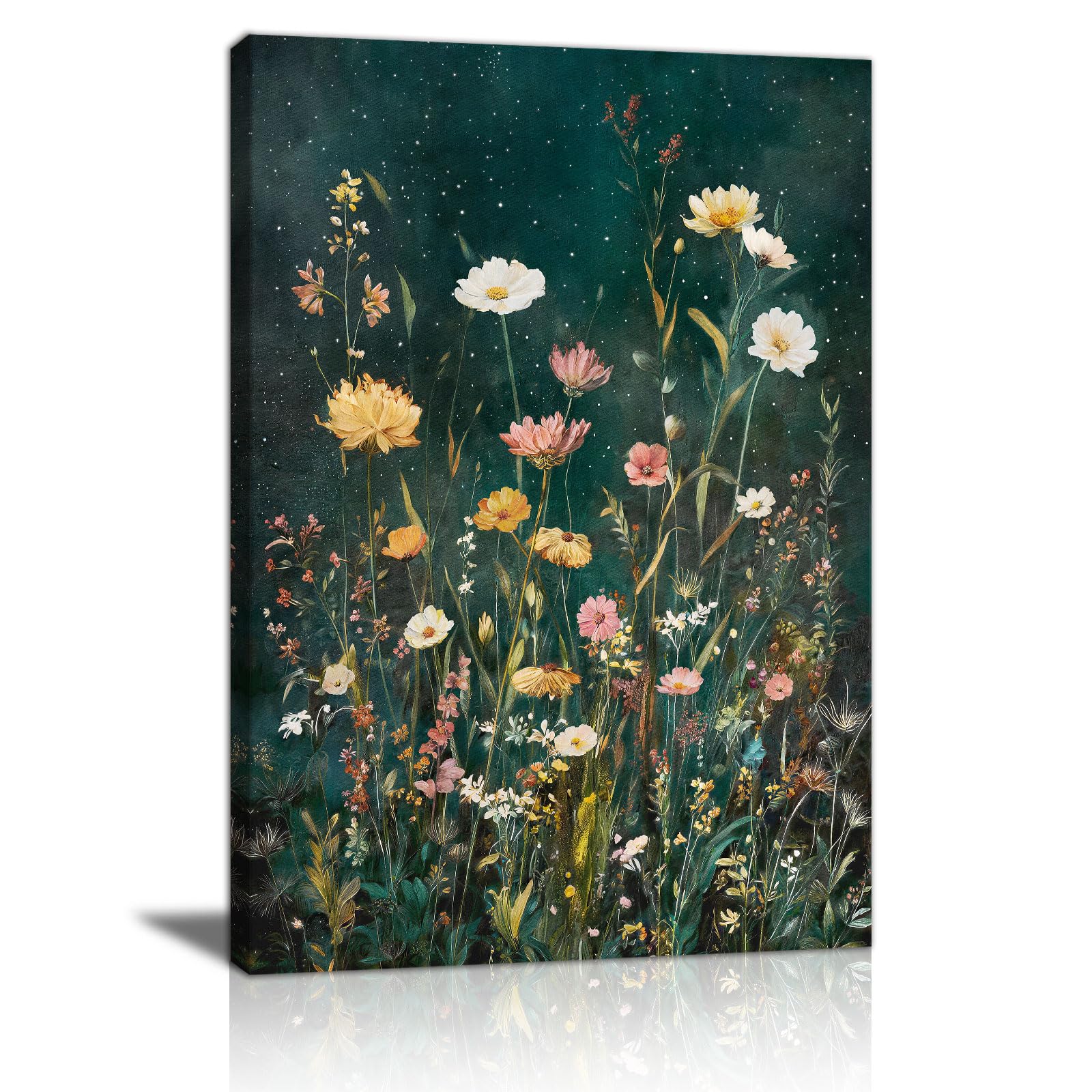 Vintage Starlit Sky Wildflowers Canvas Wall Art Prints, Moody Dark Green Wildflowers Prints for Walls Painting Nature Spring Botanical Canva Picture Home Decor for Bathroom Living Room Bedroom 40X60cm