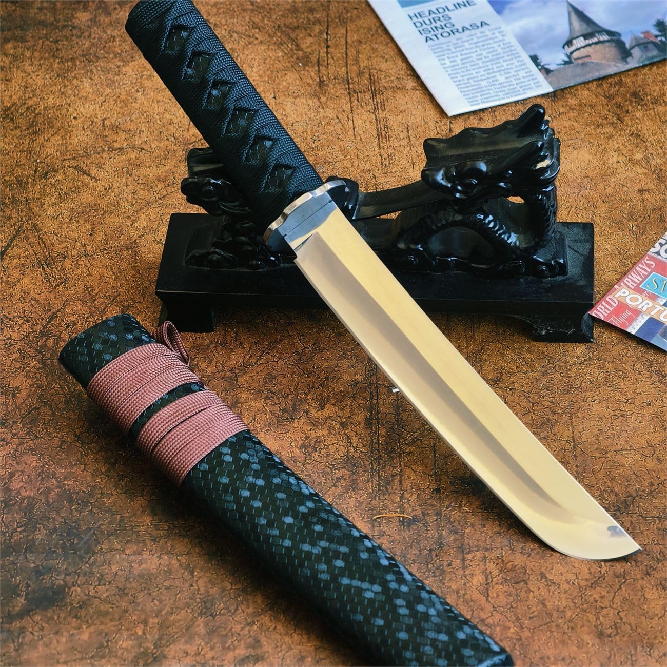 Coltello da bushcraft Coltello da esterno giapponese tanto con tradizionale avvolto con cotone Il fodero laccato nero (saya) e la ghisa tsuba per la caccia e la sopravvivenza del campeggio VG-10
