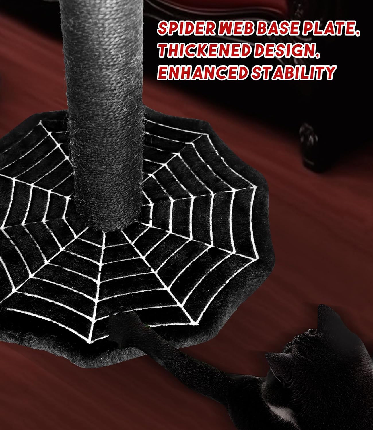 review Gothic Cat Scratching Post with Spider Dangling Toys for Indoor Cats, Halloween Cat Scratcher,Activity Cat Play Center Cat Tree Tower Furniture with Cobweb Base,Black
